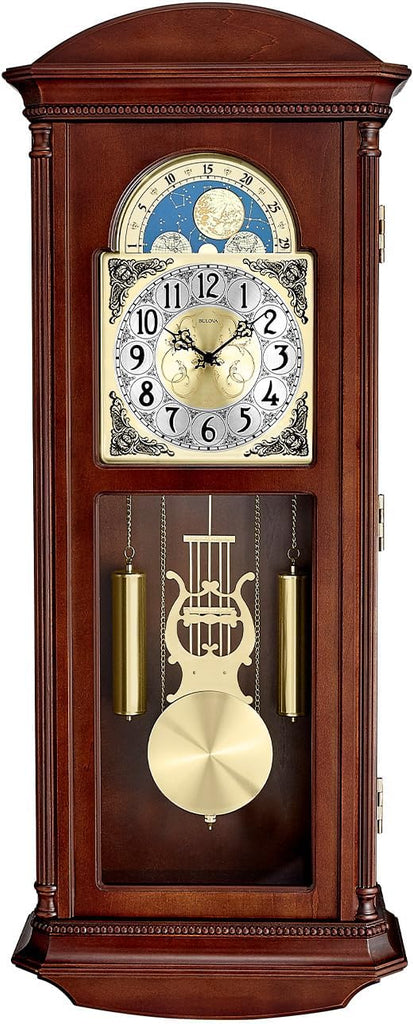 Bulova Litchfield Large Regulator Wall Clock, Model C4332 - Classic Pendulum Design - Harmonic Hourly Chime - Brown Cherry Finish