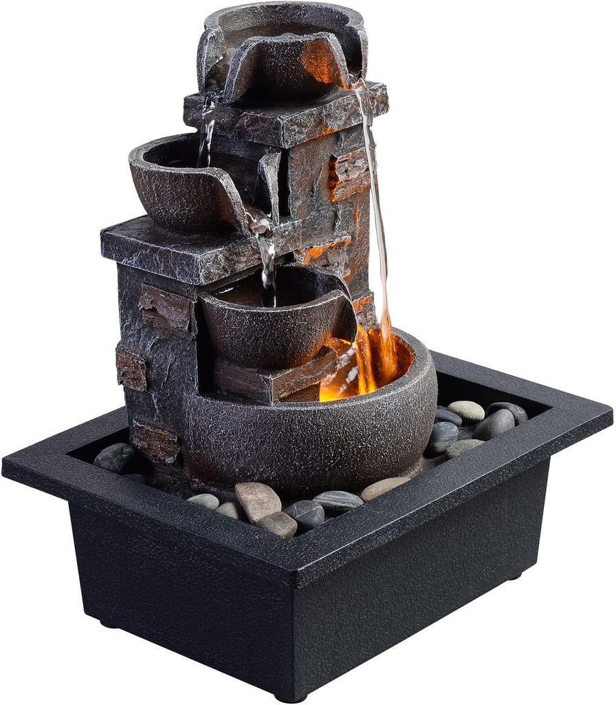 Décor Desktop Fountain - 10" 4-Tier Design with Imitation Stone, Indoor Waterfall Tabletop River Rocks & Resin