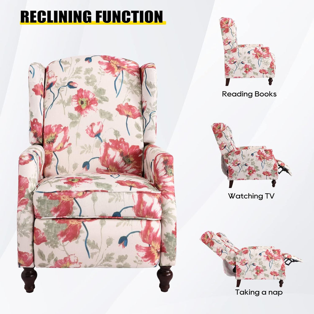 Upholstered Wingback Recliner Chair, Traditional Push Back Recliner Chair with Padded Seat, Fabric Floral Chair