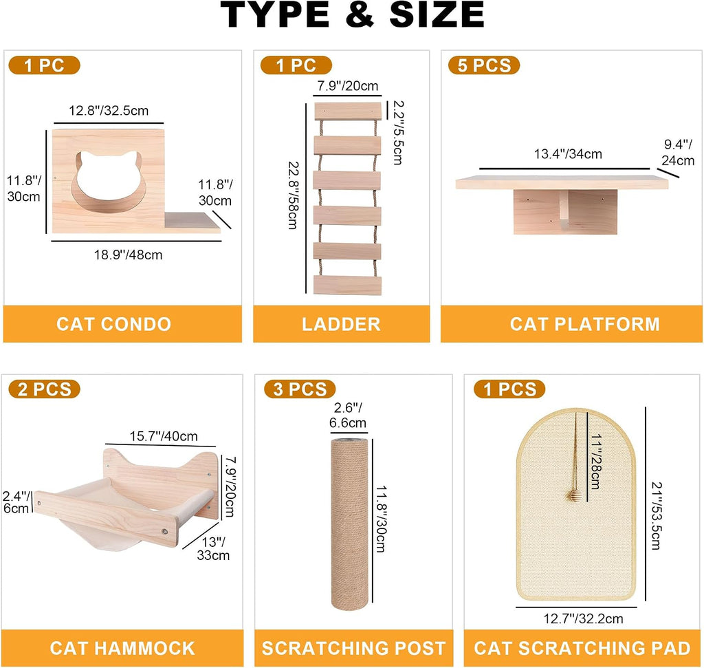 Cat Wall Shelves Cat Wall Furniture with Condo, Hammock, Scratching Pad, Platform and Ladder