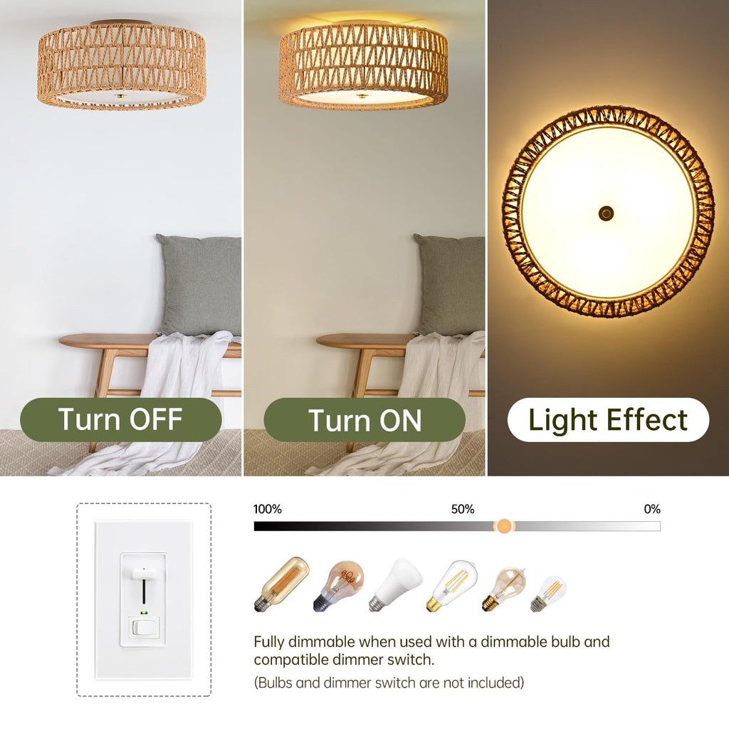 15.7" Rattan Ceiling Light, Boho Semi Flush Mount Light Fixture