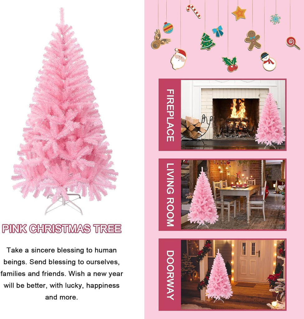 Pink Christmas Tree with Lights, 4FT Artificial Tree 300 Tips Metal Stand, Battery String Light Included Indoor Decor