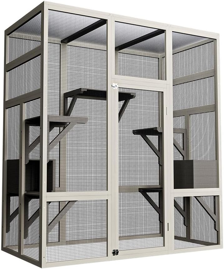 70 Inch Catio Outdoor Cat Enclosure, Large Wooden Cat House with 5 Platforms and 2 Napping Houses, Waterproof UV