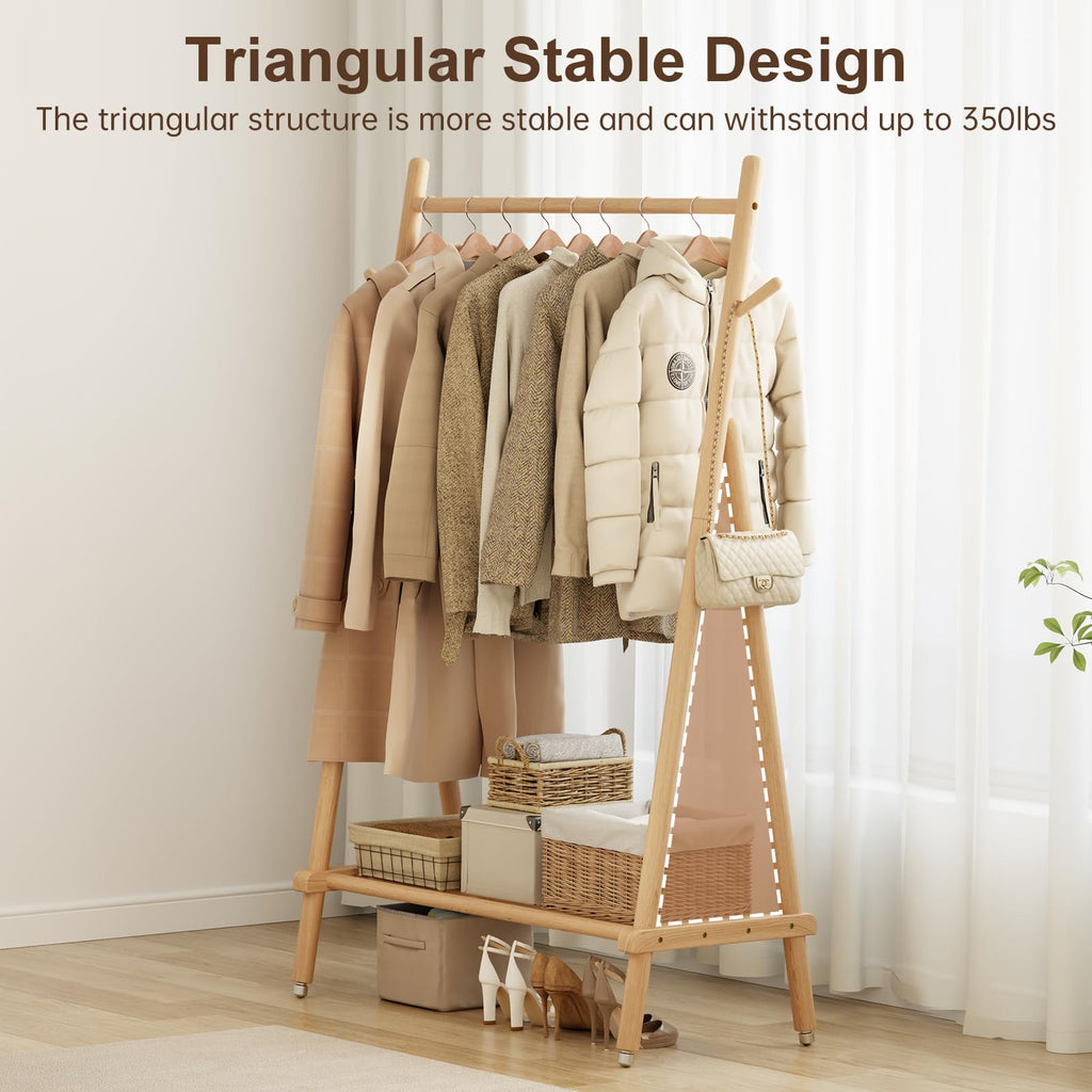 Solid Wood Clothing Rack On Wheels for Hanging Clothes, Natural
