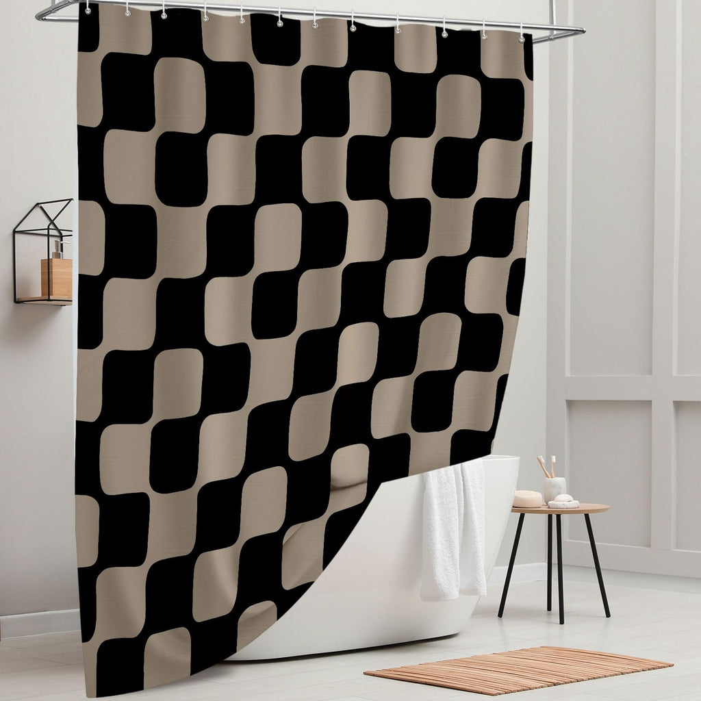Retro Checkerboard Grid Pattern 140gsm Faux Linen Fabric, Black Brown Classical Groovy Wavy Checkered Sets