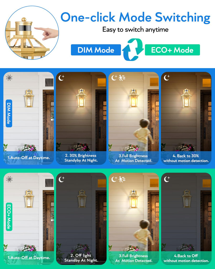 Outdoor Wall Lights Lantern, 2 Pack Gold Motion Sensor Proch Light, Dusk to Dawn Weather Resistant Exterior Lights