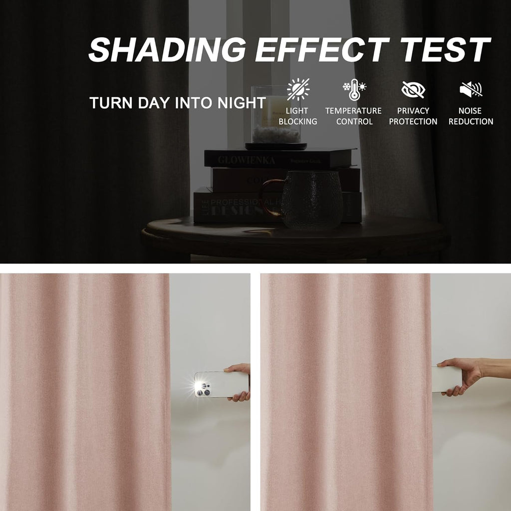 Cute Dusty Pink Blackout Linen Curtains 92 Inches Long - Rose Blush Pinch Pleat Track Curtains Blackout with Hooks