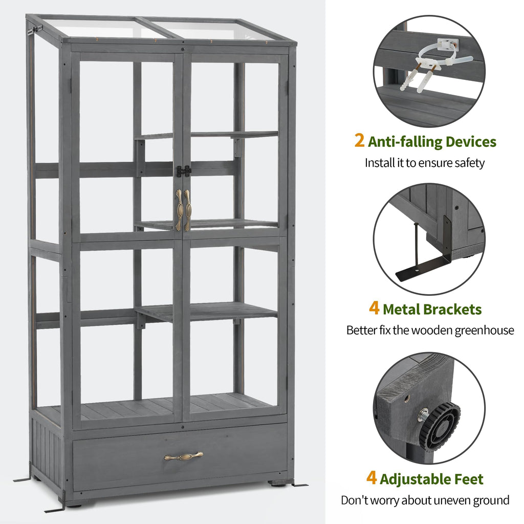 Macrout Cold Frame Greenhouse, Tall Wooden Greenhouse for Outdoor Indoor Use with Polycarbonate Panels, 3 Tier Garden