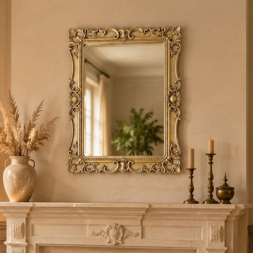 Vintage Rectangular Wall Mirror, Ornate Baroque Carved Wood Frame