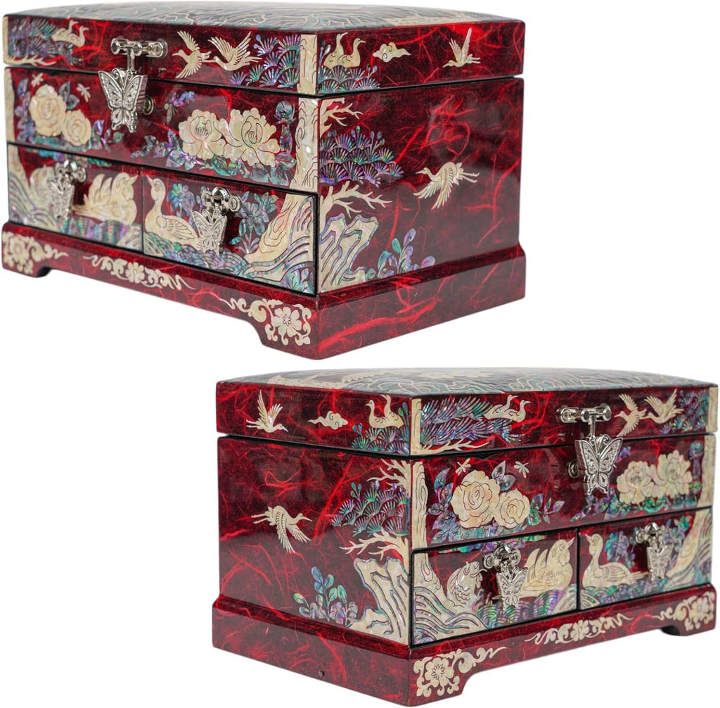 Korean Mother of Pearl Jewelry Box - 2-Drawer Keepsake Box with Mirror, Traditional Oriental Trinket Organizer - Gift