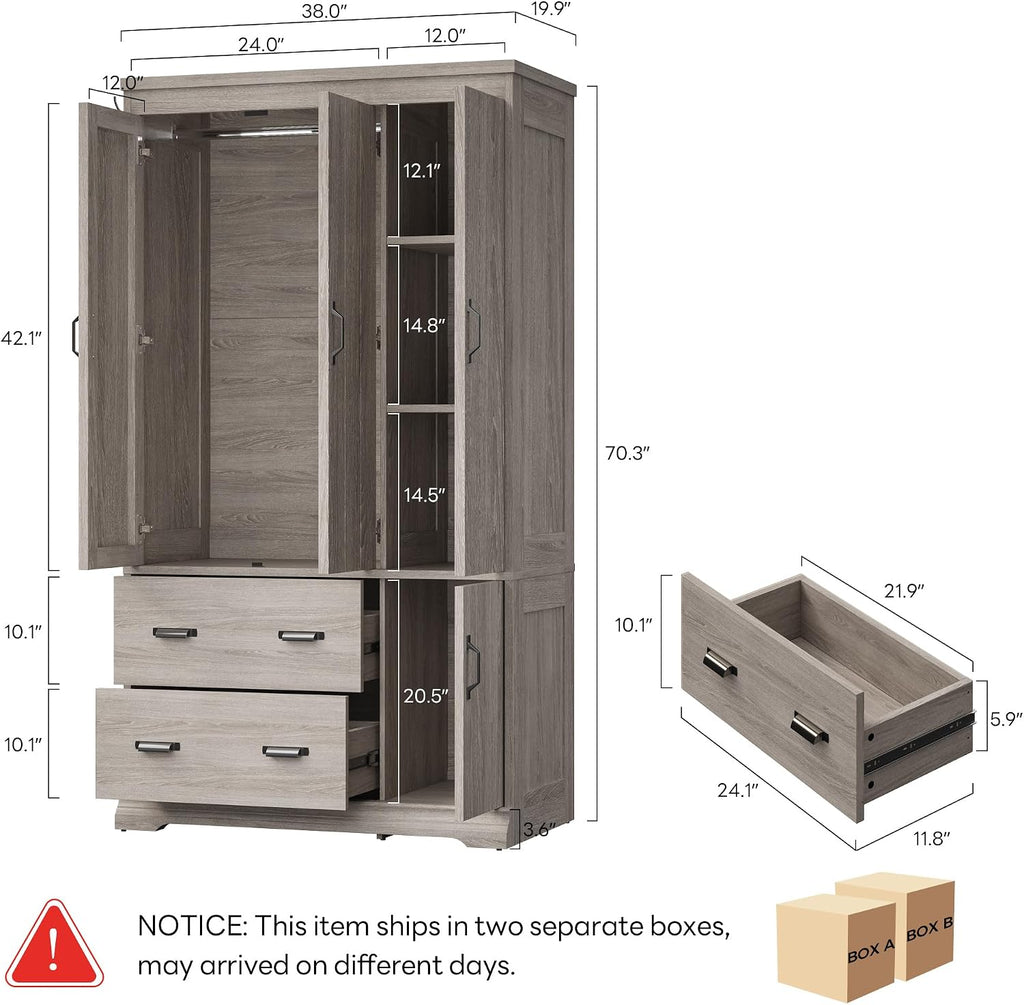Wardrobe Closet, 70" Tall 4 Doors Large Wooden Closet with 2 Drawers, 3 Shelves Bedroom Armoire with Hanging Rod