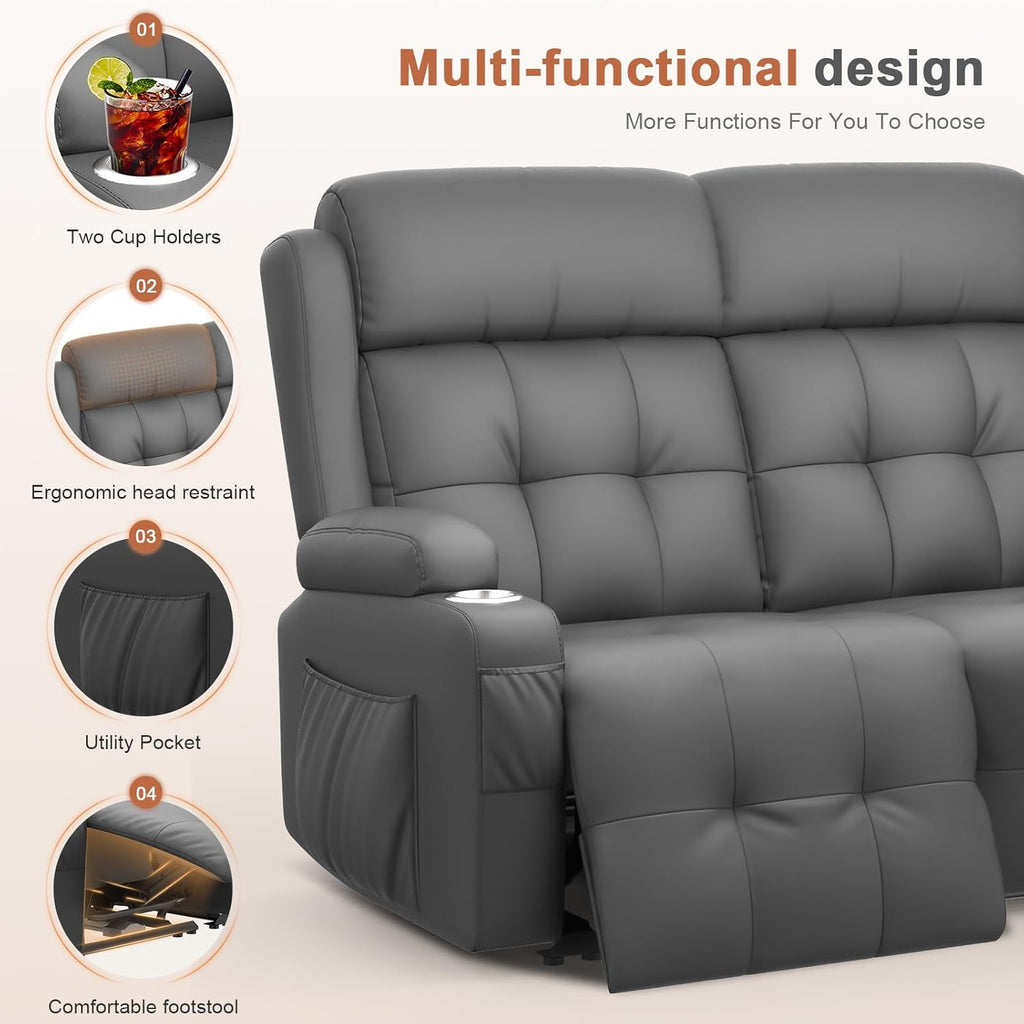RV Loveseat Recliner Sofa, Massage Wall Hugger Recliners Couch with USB Port, Side Pockets, Cup Holders