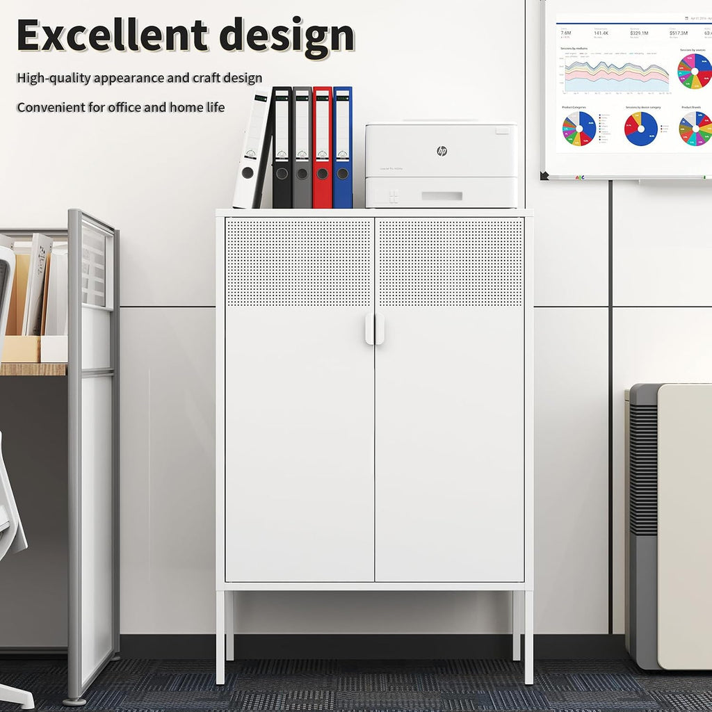 White Metal Storage Cabinet with 2 Doors - 47''H Locker Cabinet, 3 Tier Locker Door with Adjustable Shelves,Metal