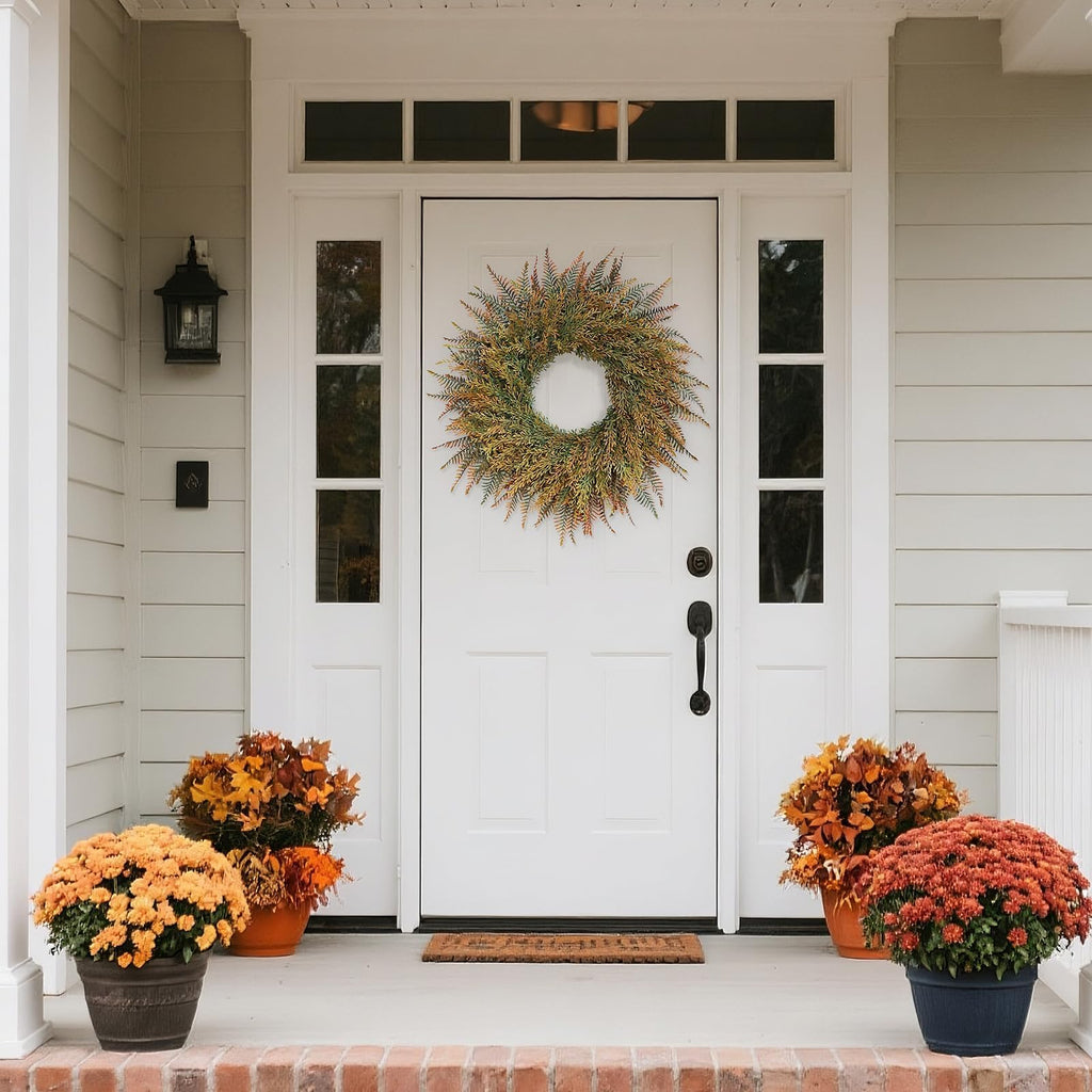 26" Large Artificial Fern Leaves Fall Wreath for Front Door (Orange-Green)