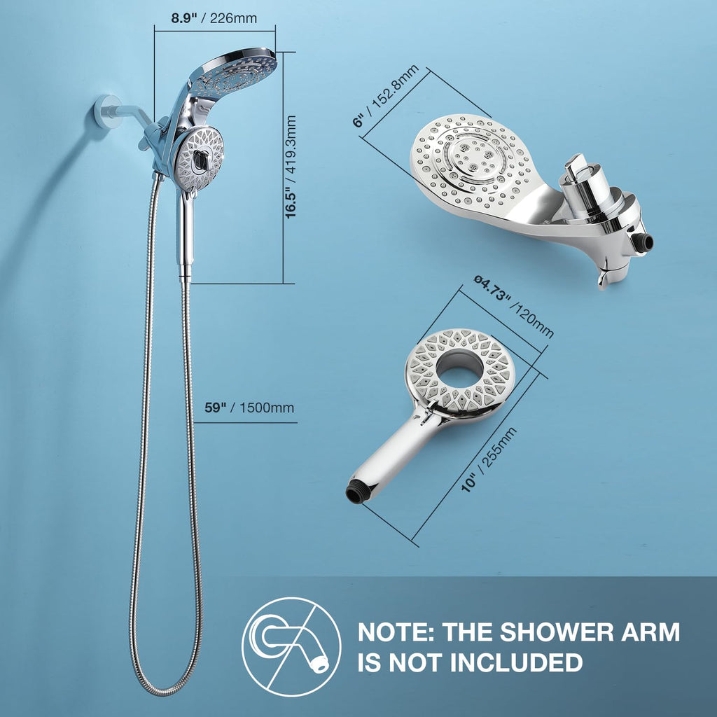 High Pressure Rain Shower Head with Handheld Spray Combo Fixed Showerhead Dual Shower Head Set 10 Sprays Detachable