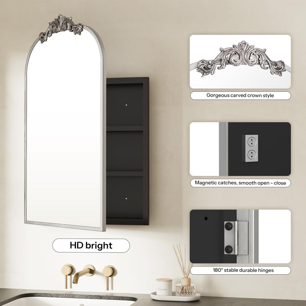 24x35 Inch Vintage Bathroom Medicine Cabinet Mirror Storage Silver