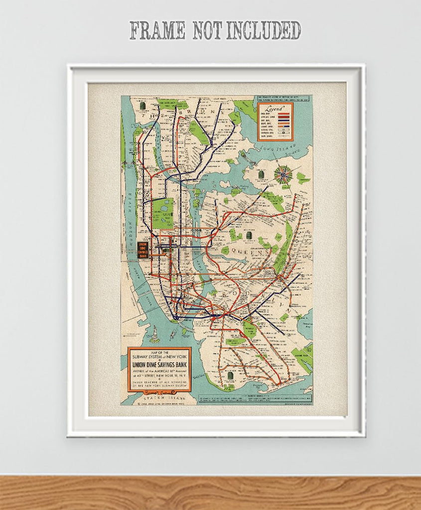 Vintage 1948 New York Subway Map 18x24 Stretched Canvas Poster - Classic NYC Transit Map Reproduction, Retro 1940s