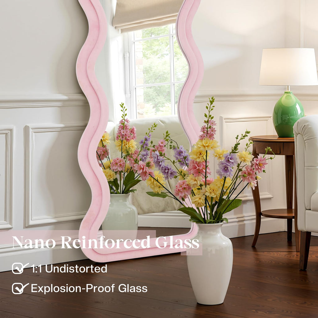 Irregular Wavy Full Length Mirror - 63"x24" Floor & Wall Mounted Mirror with Stand - Pink Flannel Wrapped Wooden Frame