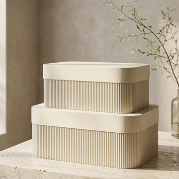 Decorative Storage Boxes with Lids Fluted Photo Organizer Bins - Set of 2