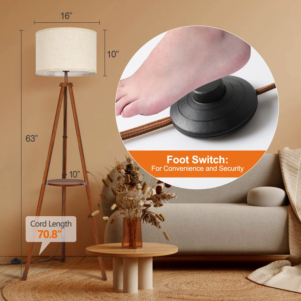 Wood Tripod Floor Lamp with Shelves, Mid Century LED Modern Dimmable Floor Lamp with Remote Control, Sturdy Tall