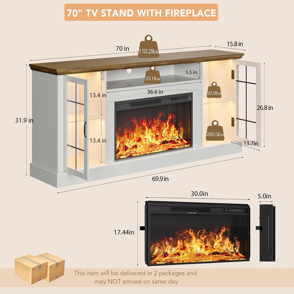 2-in-1 Multifunctional Fireplace TV Stand with 30" Removable Electric Fireplace, 70" Farmhouse Entertainment Center