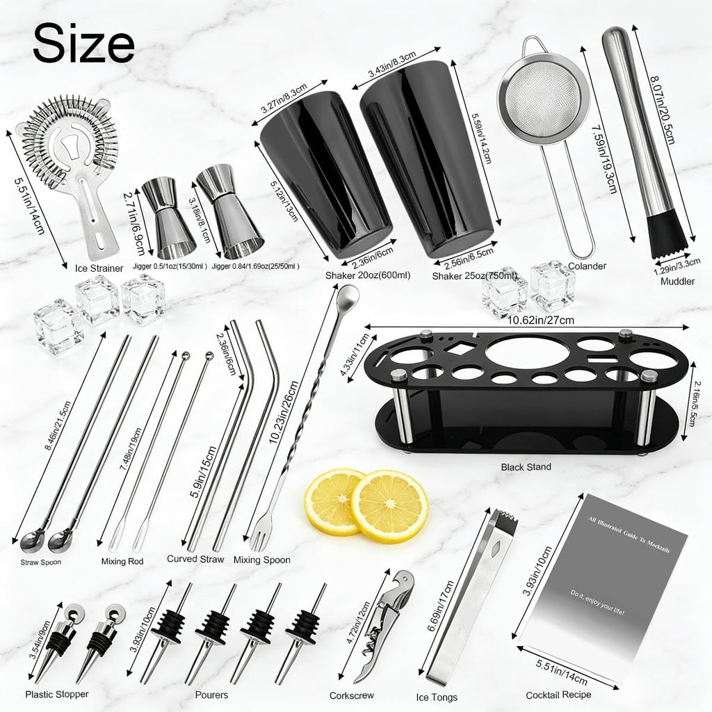 22-Piece Cocktail Shaker Set, 25/20oz Bartender Kit, Bartending Stainless Steel Bar Tools Sets for Drink Mixing - Set of 22
