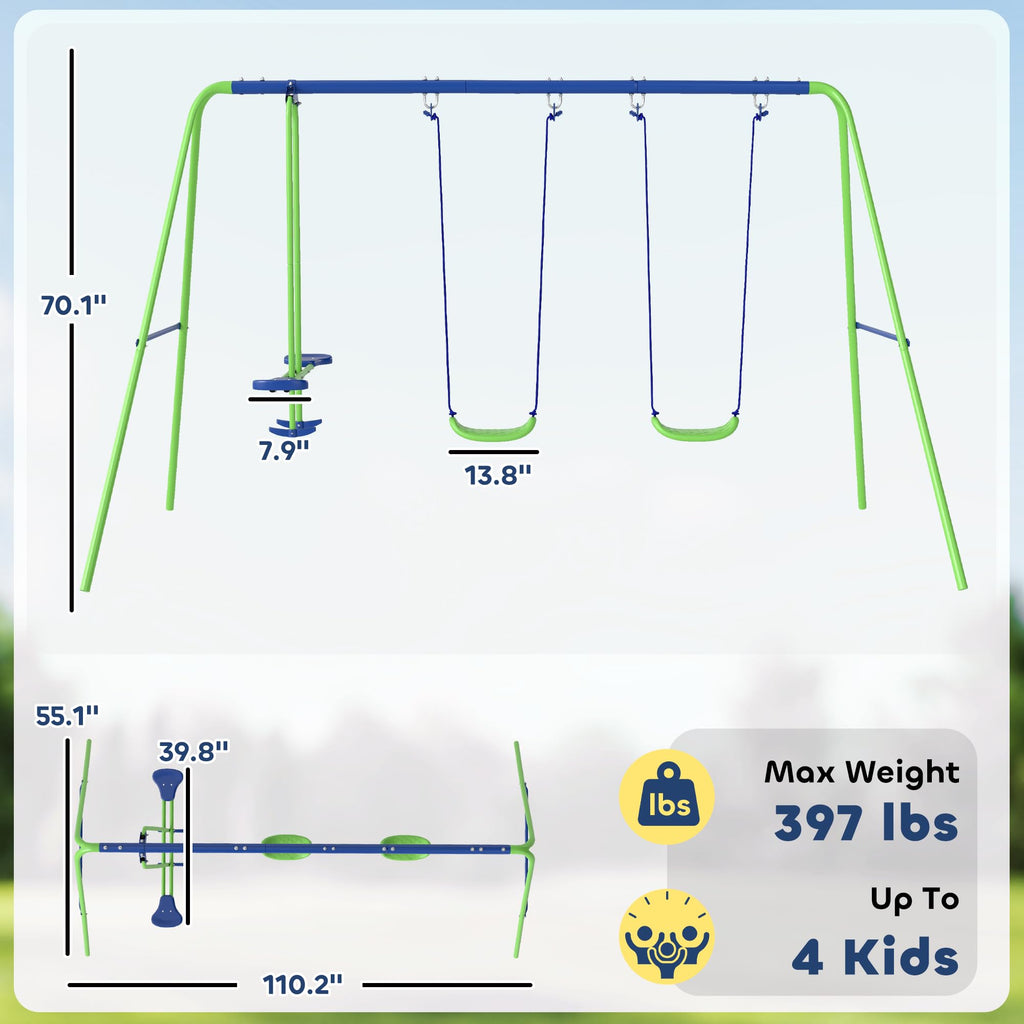 Metal Swing Set with Glider Two S Seats Adjustable Height Green