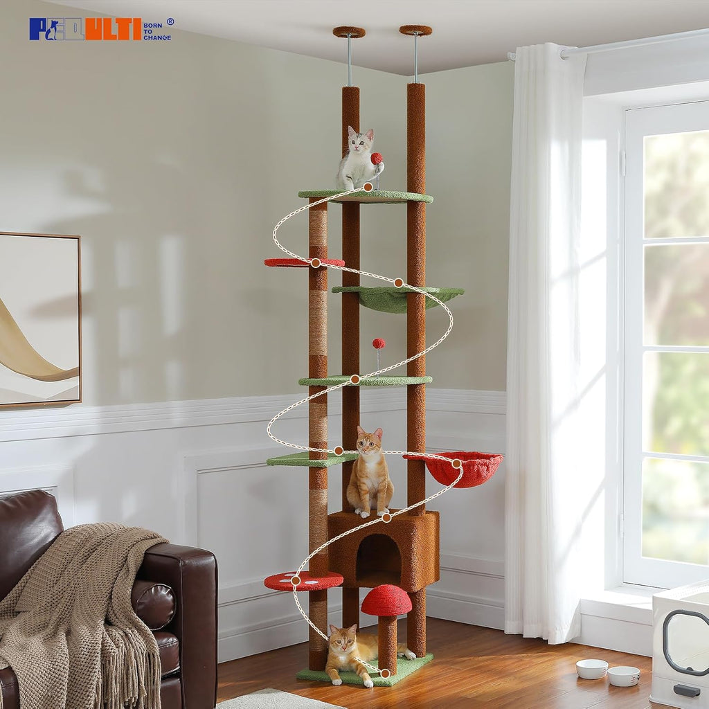 Floor to Ceiling Cat Tree Tower, Height Adjustable 230-252cm, Brown