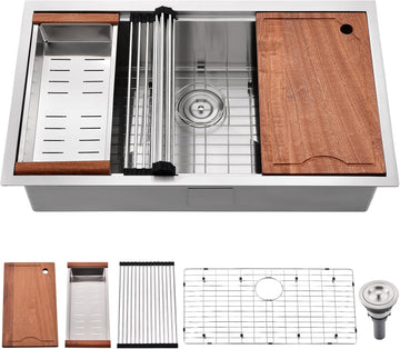 32 Inch Undermount Kitchen Sink Stainless Steel Single Bowl | 16 Gauge 304 Stainless Steel, Brushed Nickel, 10 Inch