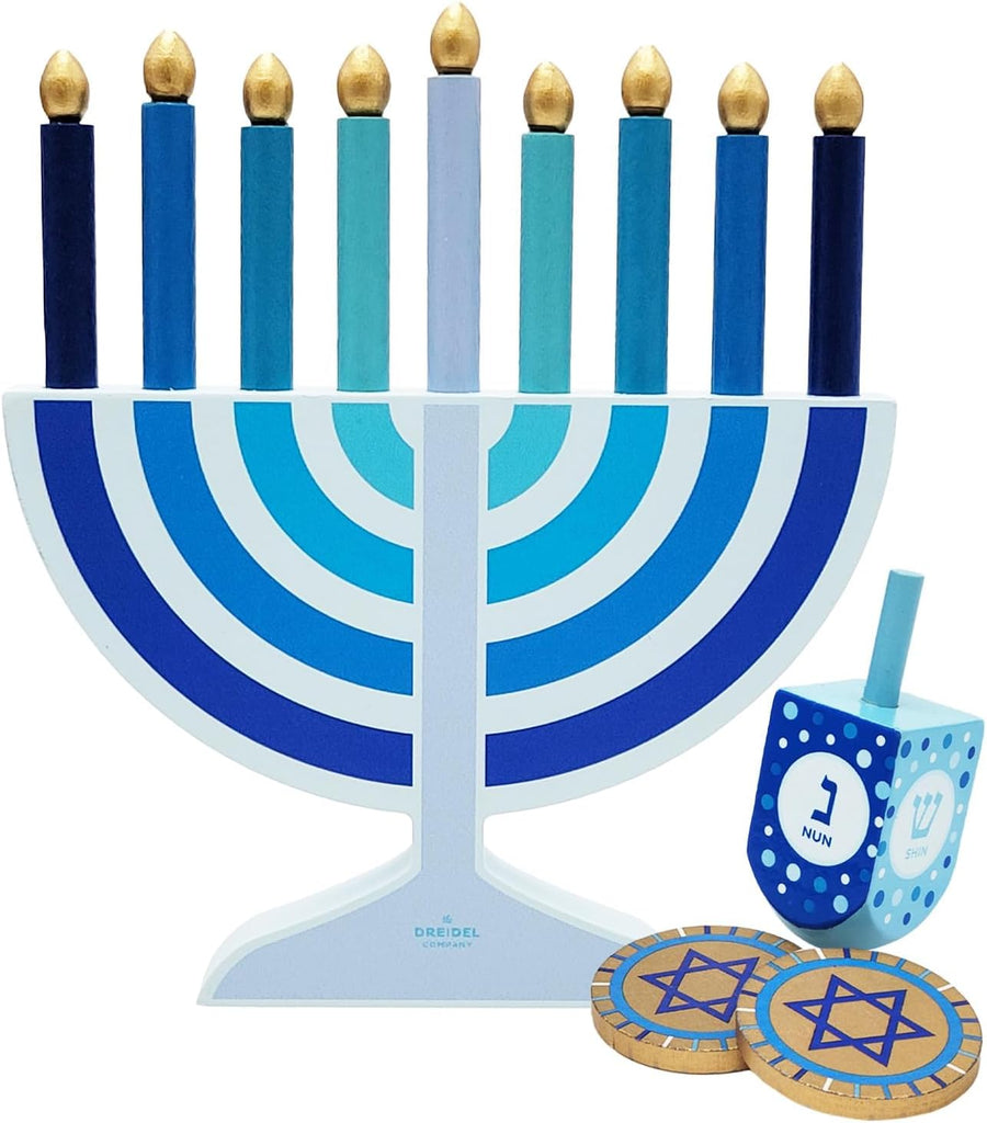 Mini Blue Hanukkah , 5" Inch Children Wooden Chanukah Set with Removable Wooden Candles, 3" Inch Dreidel, and Gelt