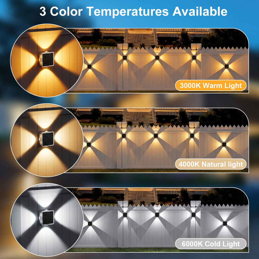 Solar Fence Lights Outdoor, New 4-Sided Lighting Wall Lights Solar Powered with 3 Modes 3000K 4000K 6000K, IP65