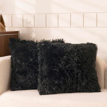 Faux Fur Black Throw Pillow Covers, Fluffy Soft Fuzzy Decorative Pillow Cases Cute Pillowcases Bedroom Living Room