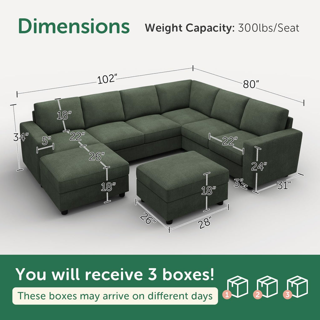 Corduroy Sectional Couch with Storage, 8 Seater U Shaped Sectional Sofa Sectional Couches, Green