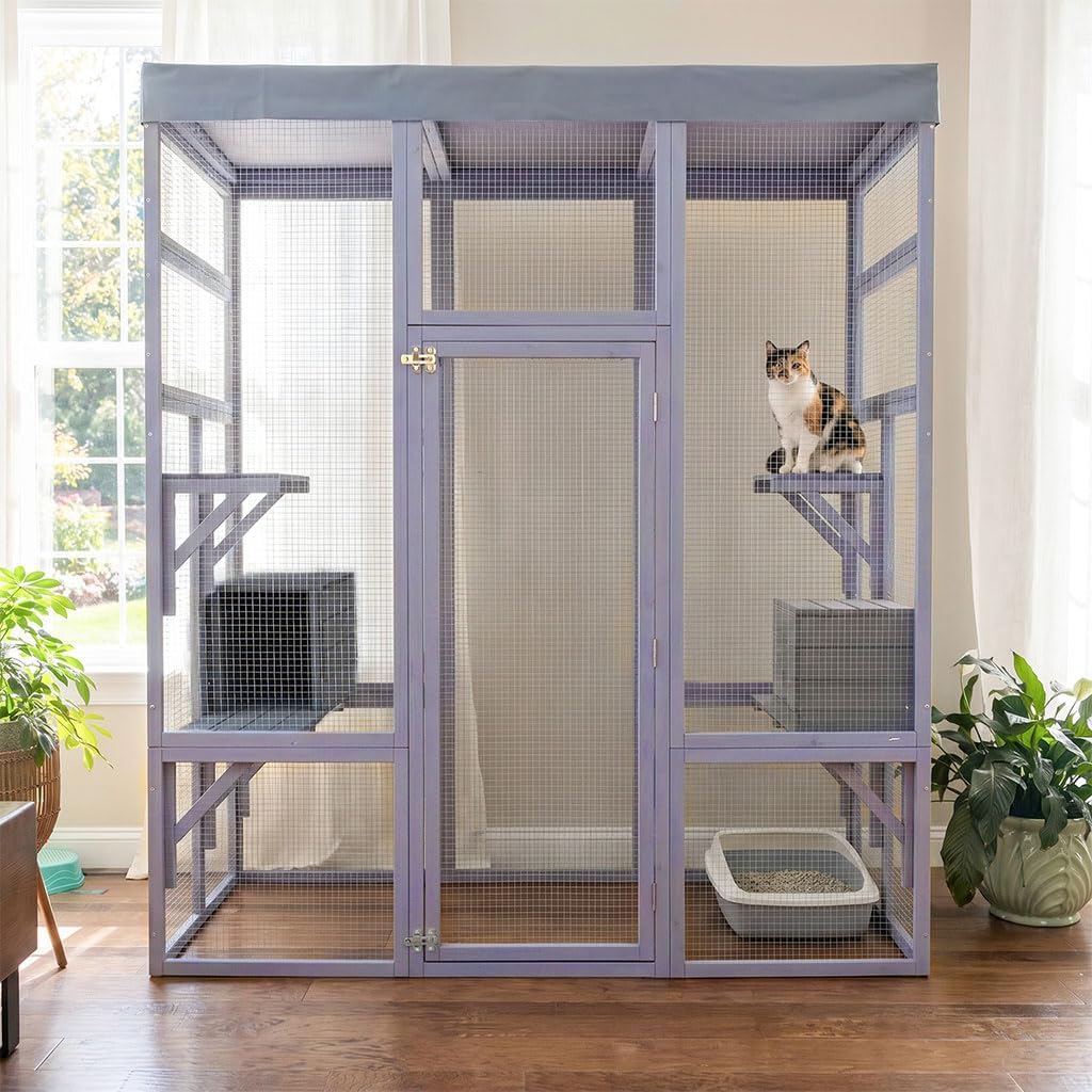 70.1" Large Catio Outdoor Cat Enclosure, Solid Wood Cat House with Waterproof Fabric Roof and 2 Napping House