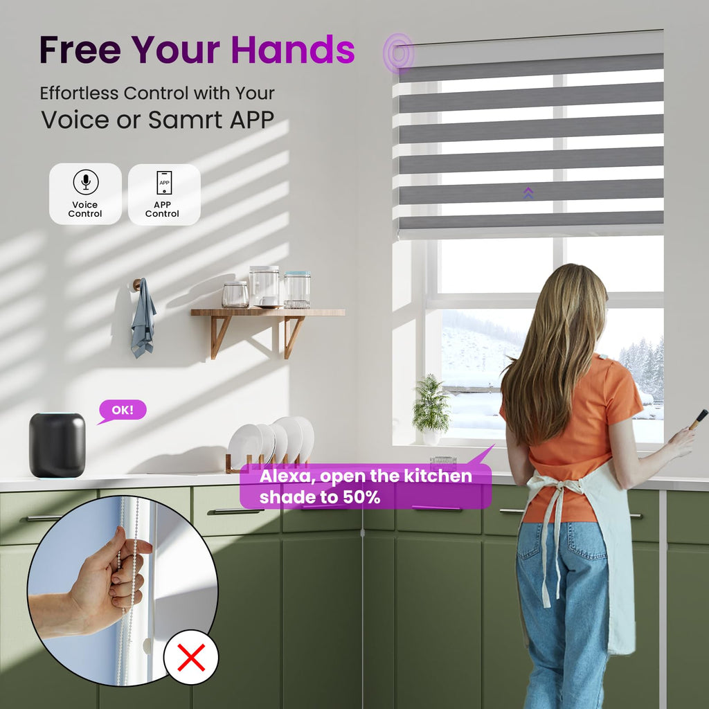 Smart Motorized Zebra Blinds, 22-115 in, Silver Grey, Alexa/Google