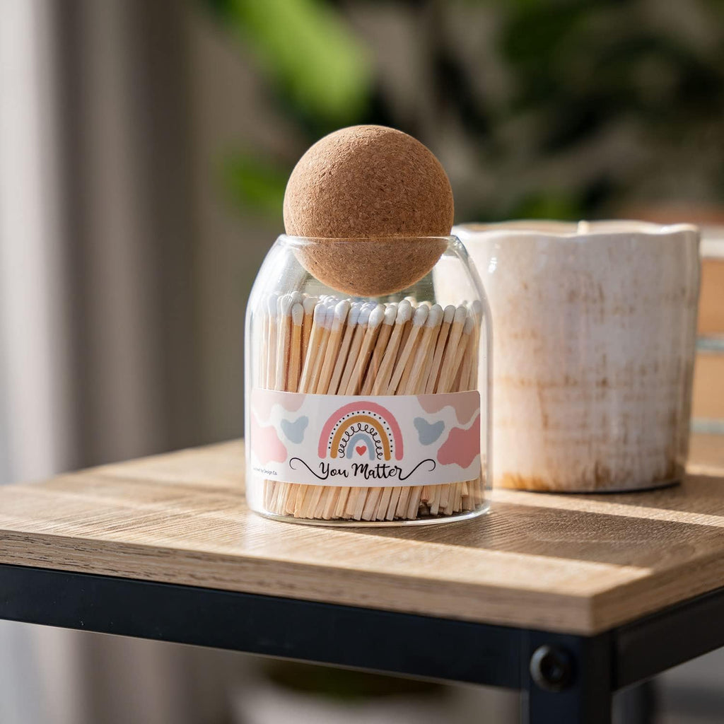 You Matter" Glass Bottle of Matches | Approx 135 Matches in Jar with Striker Paper | Decorative Wooden Match Holder