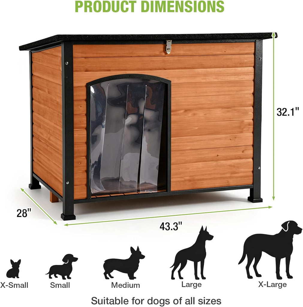 Medium Dog House Outdoor Wooden Kennel, Full Metal Frame