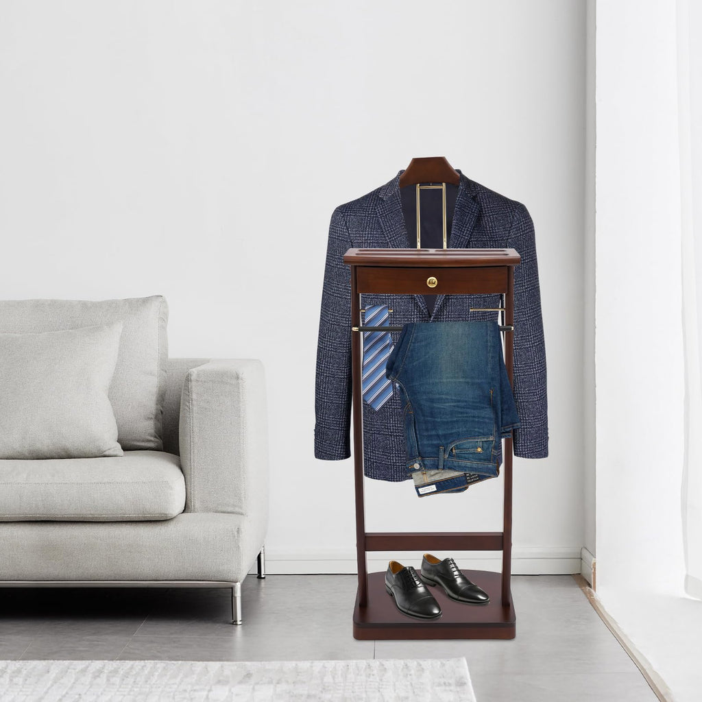 Wooden Freestanding Clothes Stand with Sturdy Base, Multi-functional Suit Valet Stand, Coat Rack with Top Drawer, Tie