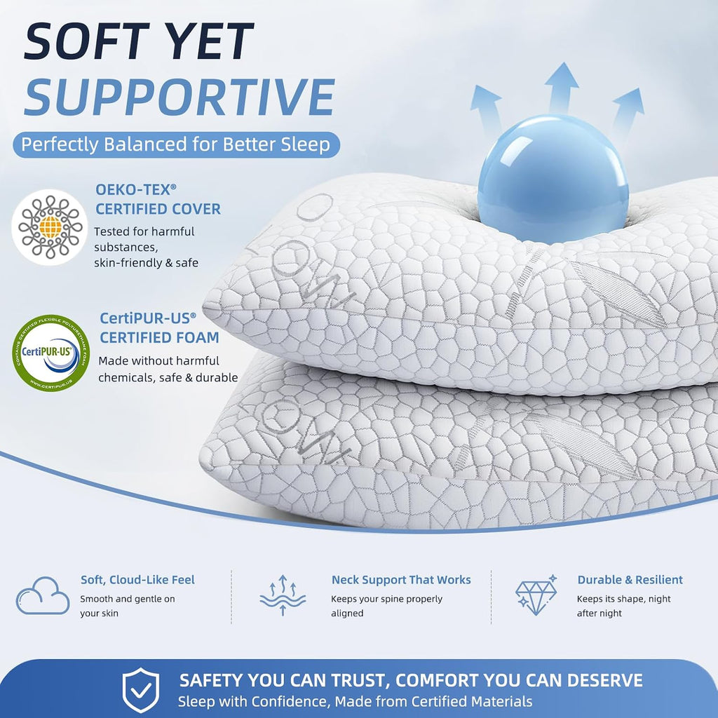 Bamboo Cooling Shredded Memory Foam Bed Pillows Queen Size Set of 2 | Plush Firm Support, Neck Pain Relief
