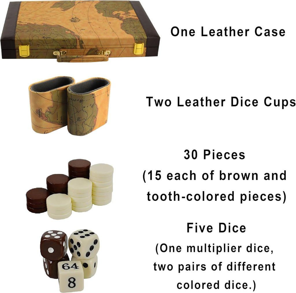 Backgammon, Backgammon Sets for Adults, 15" Leather Travel Backgammon Sets - Classic Board Game (World Map Design)