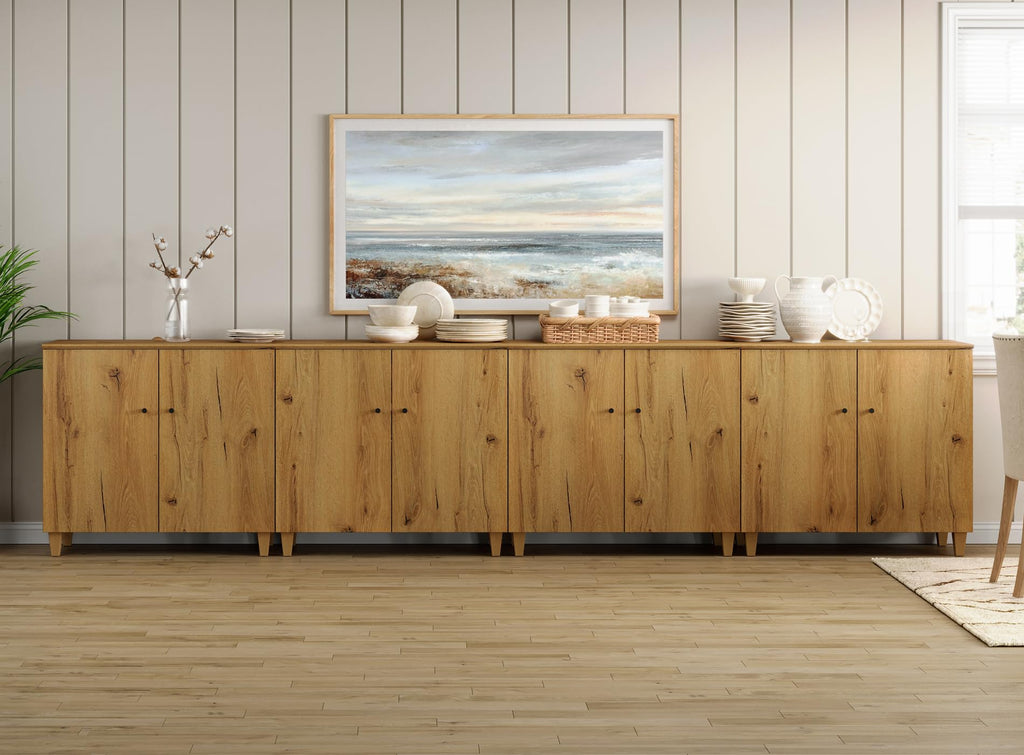 Sideboards Buffet Storage Cabinets, 8-Door Credenza Table, Oak Brown