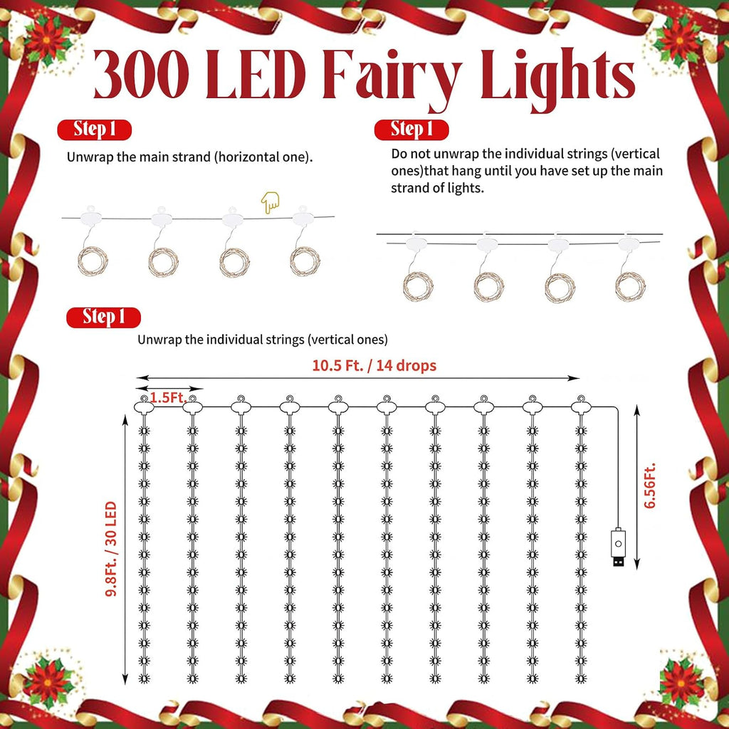 30 Pcs Christmas Ball with 300led Curtain Fairy Light Remote Control