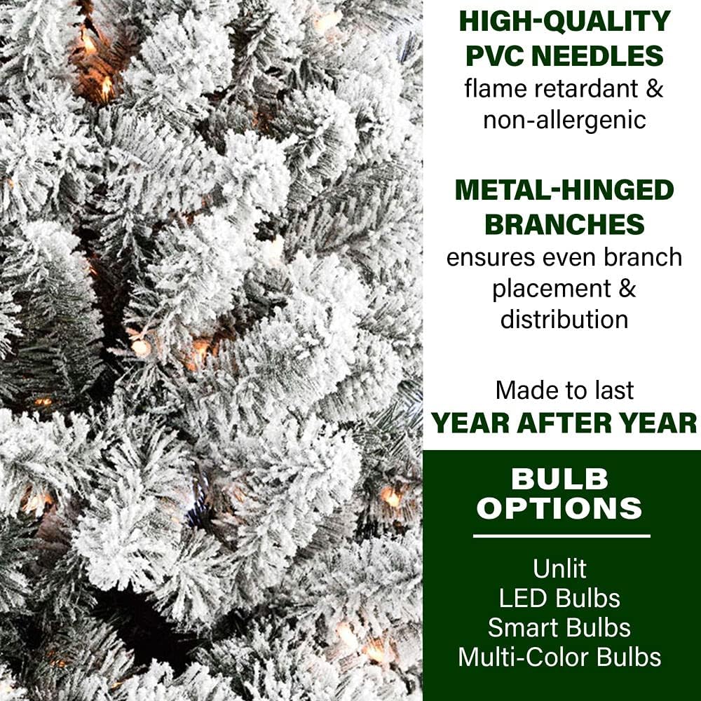 Alaskan Flocked Christmas Tree, Tall, Faux Tree with White Incandescent Smart Lights, Lights with Easy to