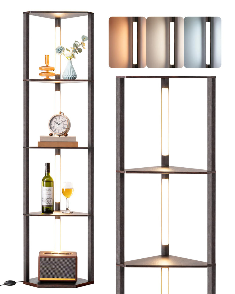 64'' Corner Shelf Floor Lamp, 3CCT, Black Walnut