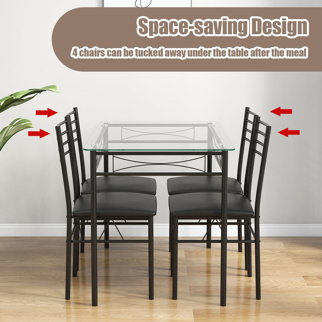 5 Piece Dining Table Set, Kitchen Dining Set with Tempered Glass Table Top and 4 Upholstered Chairs, Dinette Set for