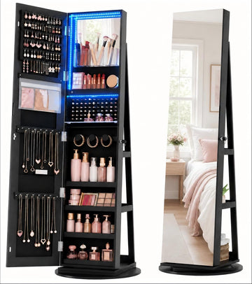 360° Swivel Mirror Jewelry Cabinet, Lockable Jewelry Armoire, Black
