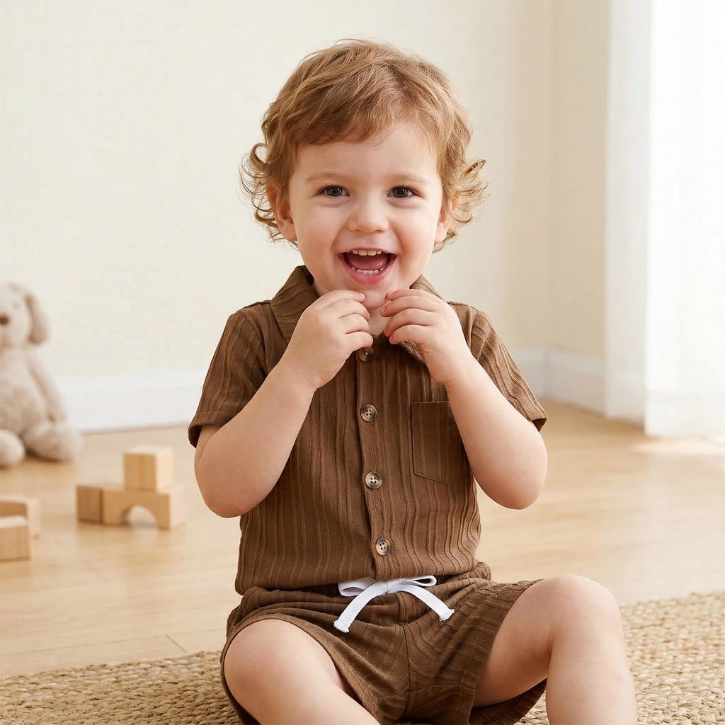 Boys Clothes Toddler Ribbed Button Shirt + Shorts 2pcs Brown