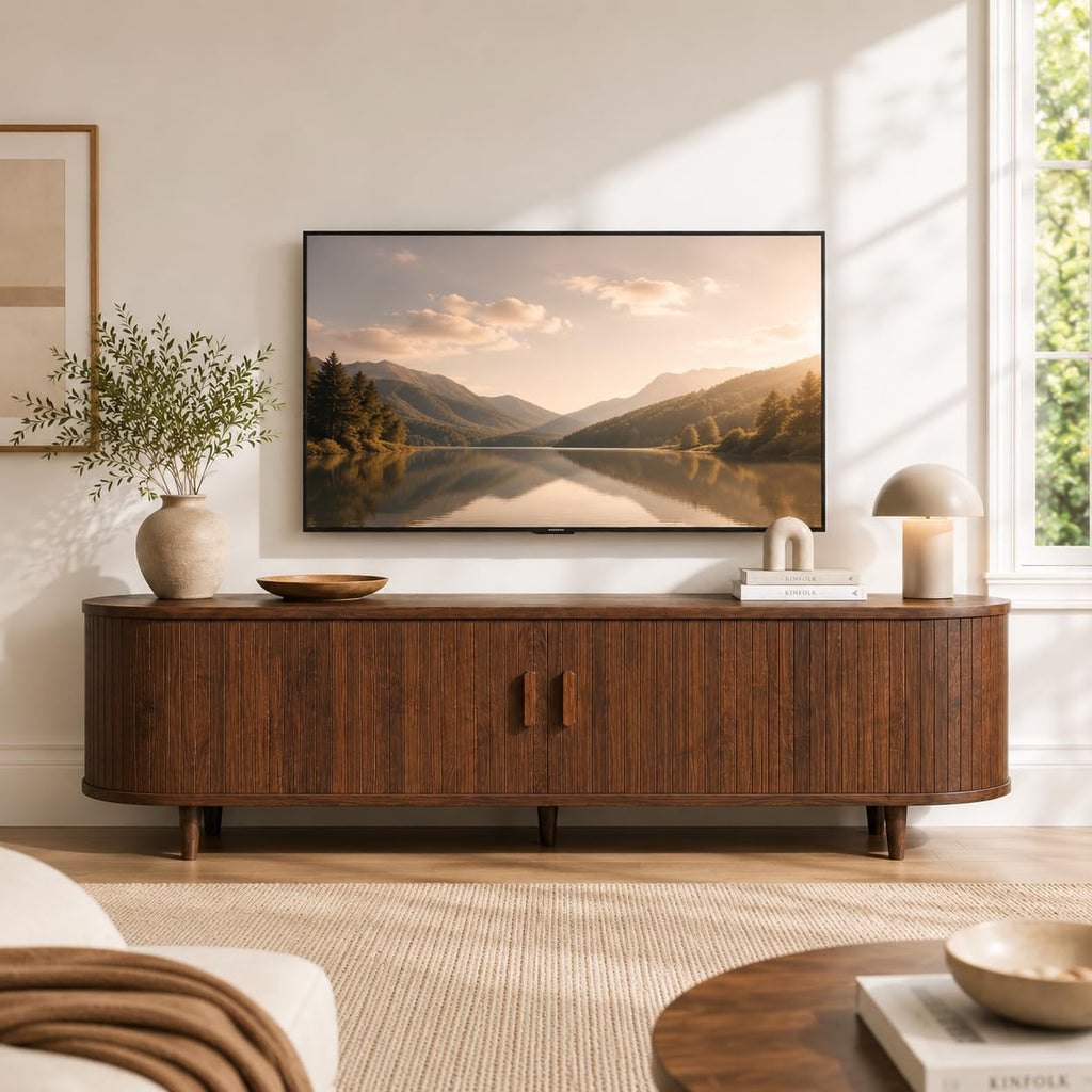 58" Mid-Century Modern TV Stand with Sliding Doors, TV Consoles with Power Outlet, Fluted Entertainment Center with
