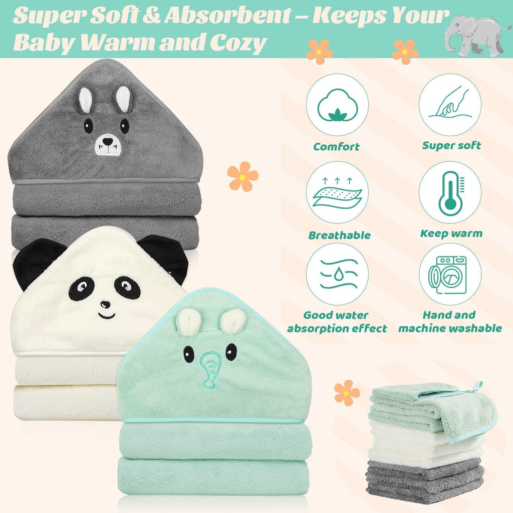 12 PCS Baby Towels Set, 3 PCS Baby Bath Towels & 9 PCS Washcloths Set, Animal Hooded Baby Towels for Infants
