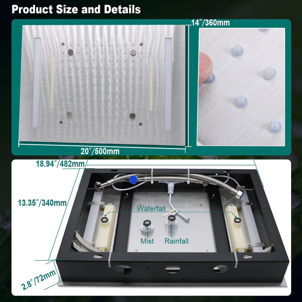 14x20" LED Ceiling Shower Head with Rainfall Waterfall Mist Spray, 3 Modes Can Operate Simultaneously or